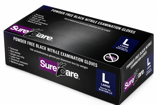 SureCare 7 mil black nitrile gloves case